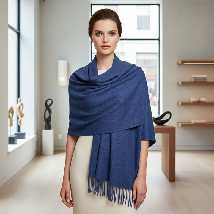 Soft Wool Blend Indigo Blue Tassel Edge Pashmina Wrap