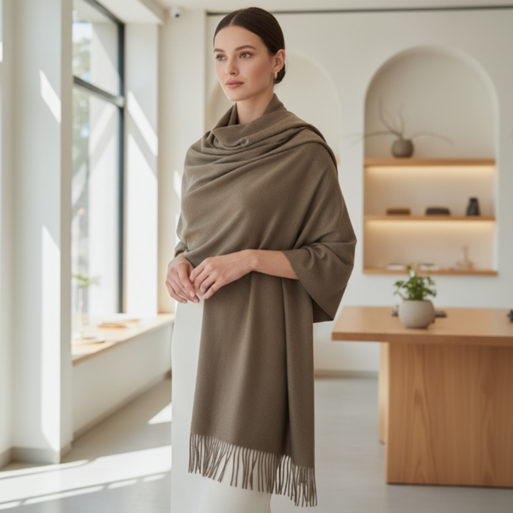 Soft Wool Blend Mocha Brown Tassel Edge Pashmina Wrap