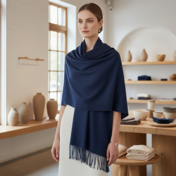 Soft Wool Blend Navy Blue Tassel Edge Pashmina Wrap