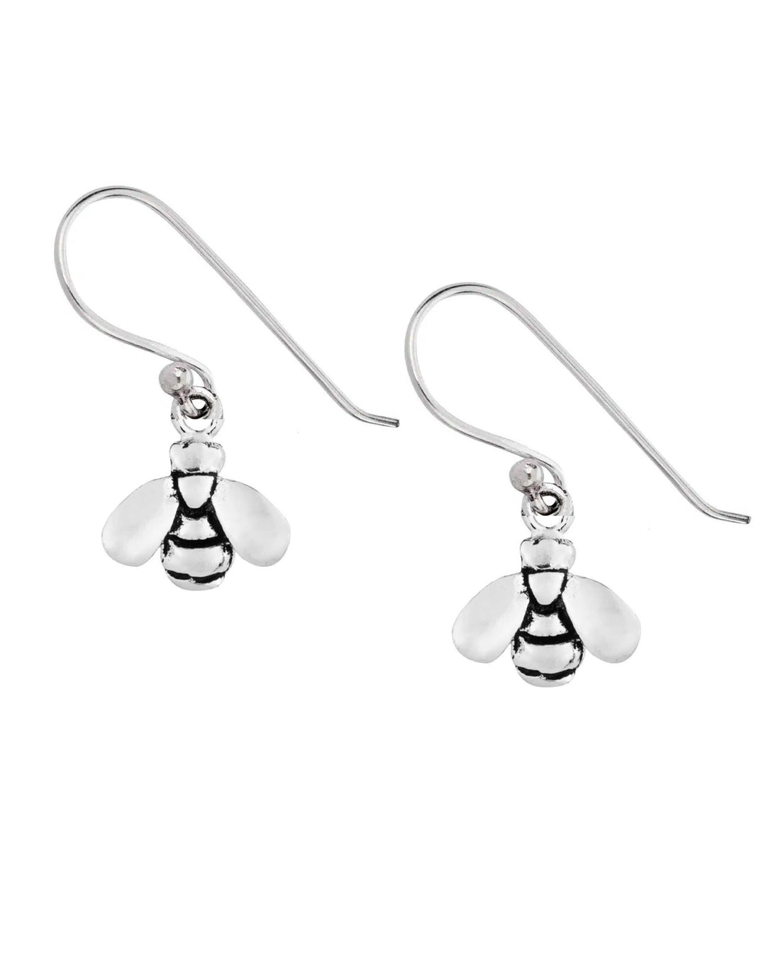 Silver bee-shaped earrings on a white background