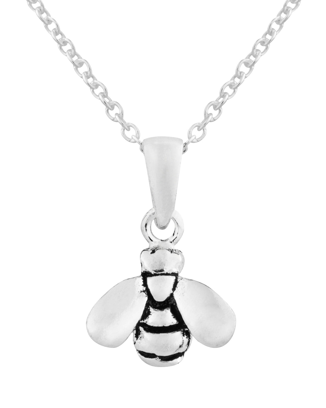 Silver bee pendant on a chain against a white background