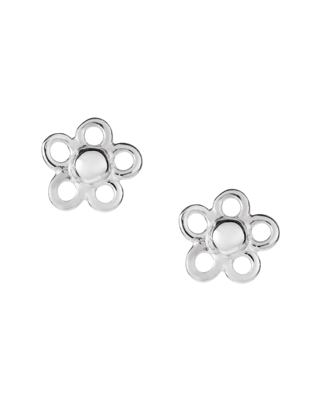 Pair of silver flower-shaped earrings on a white background