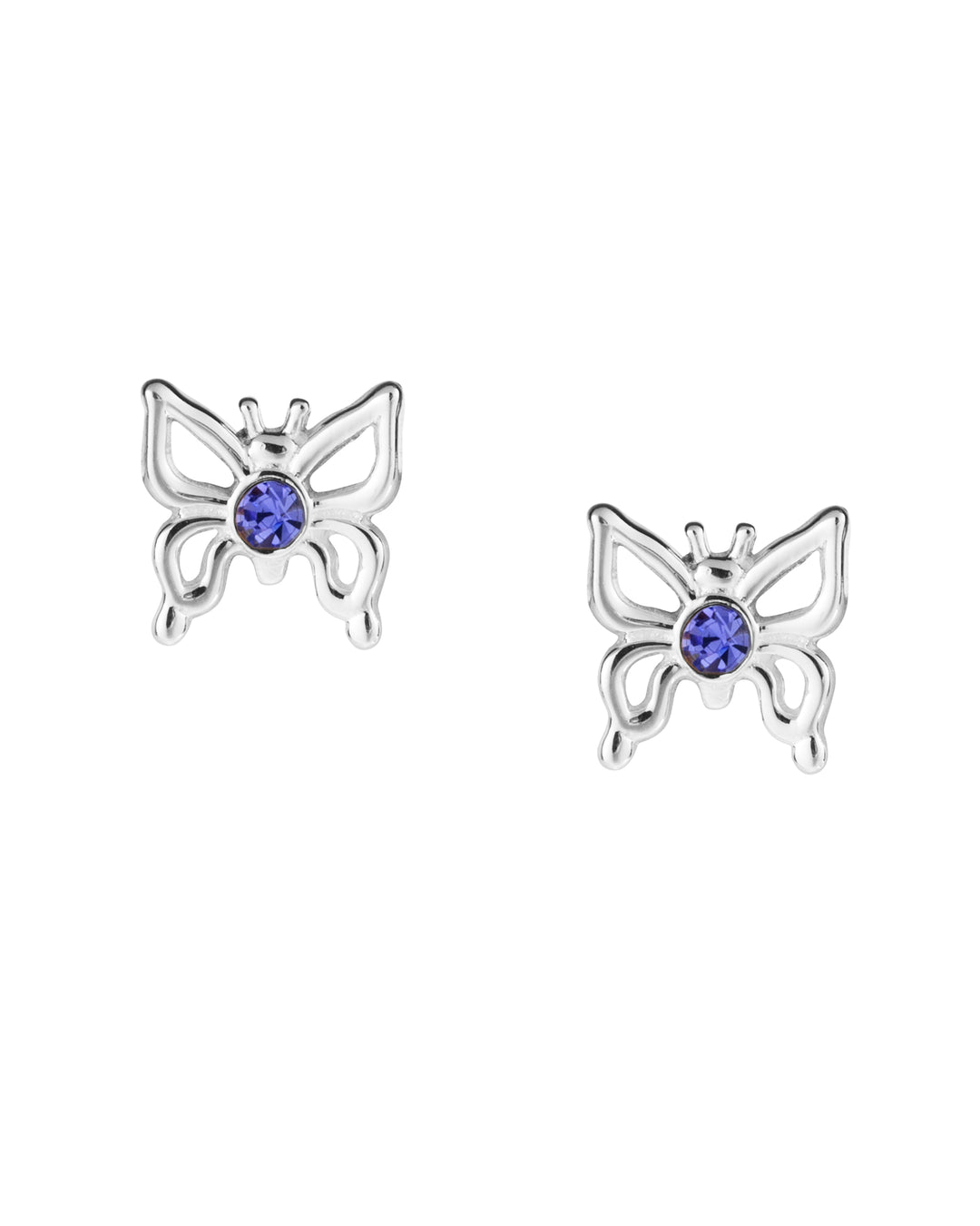 Butterfly-shaped earrings with blue gemstones on a white background