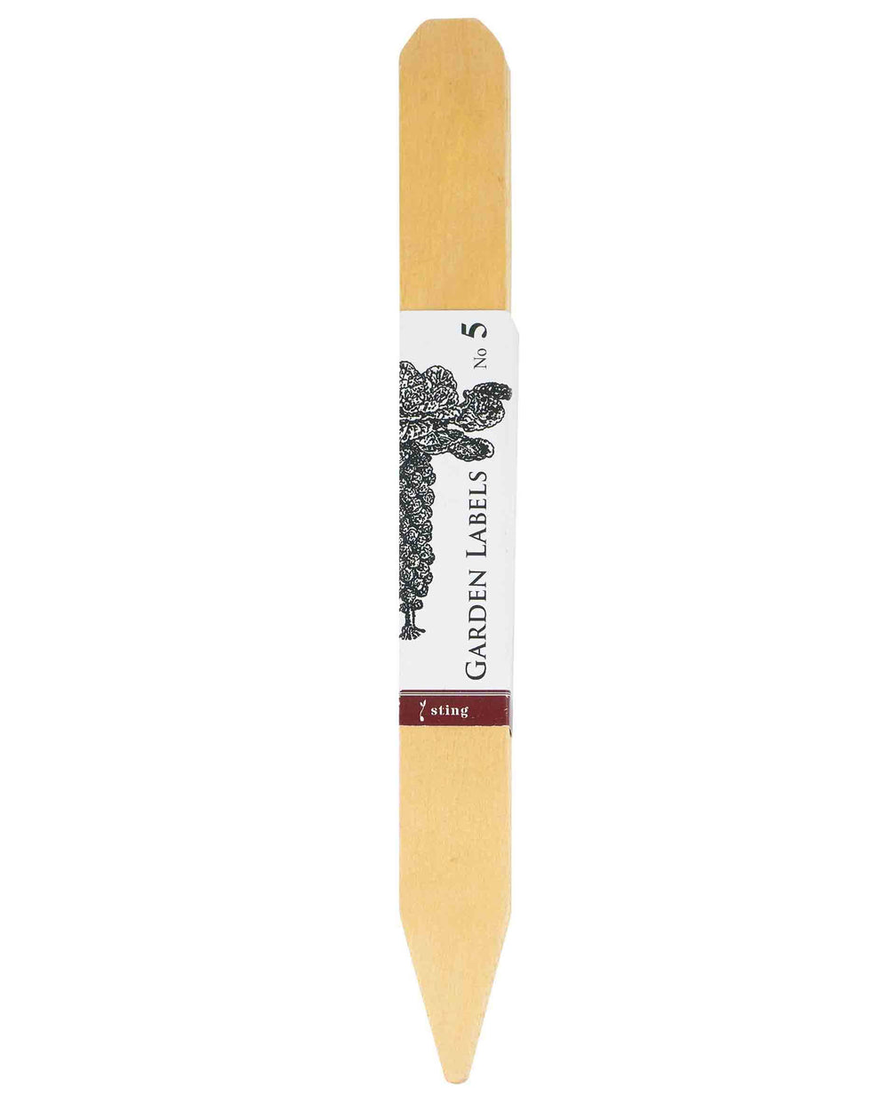 Garden label with wooden handle and white label on a white background