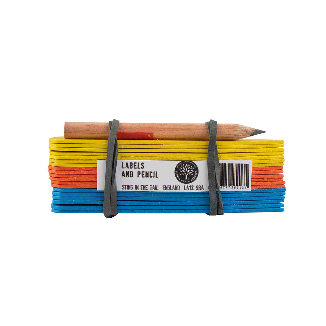 Stack of colorful pencils with a label on a white background