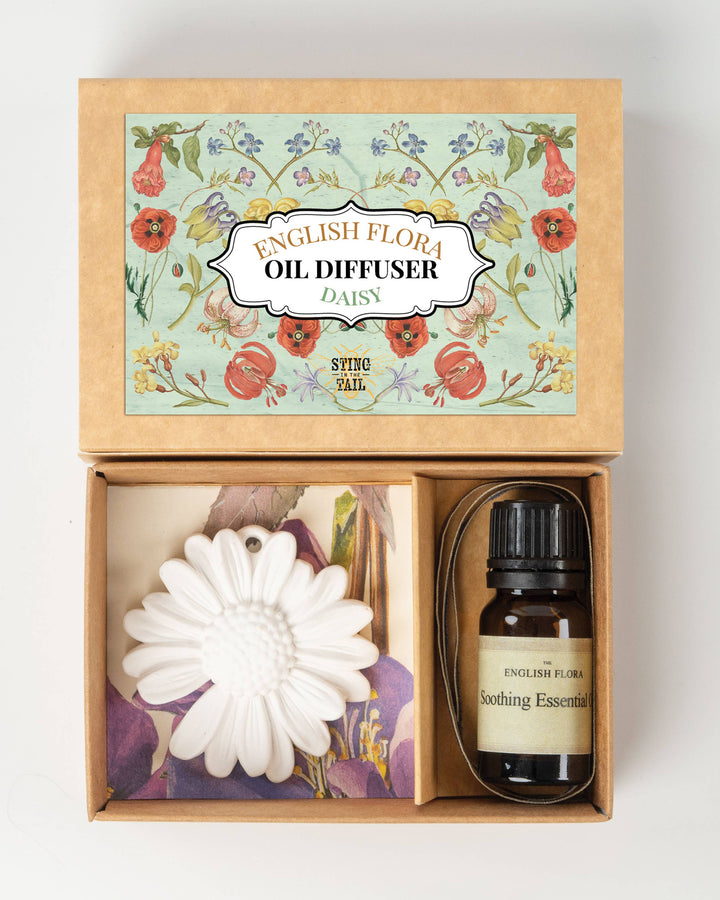 English Flora oil diffuser set with floral design on packaging