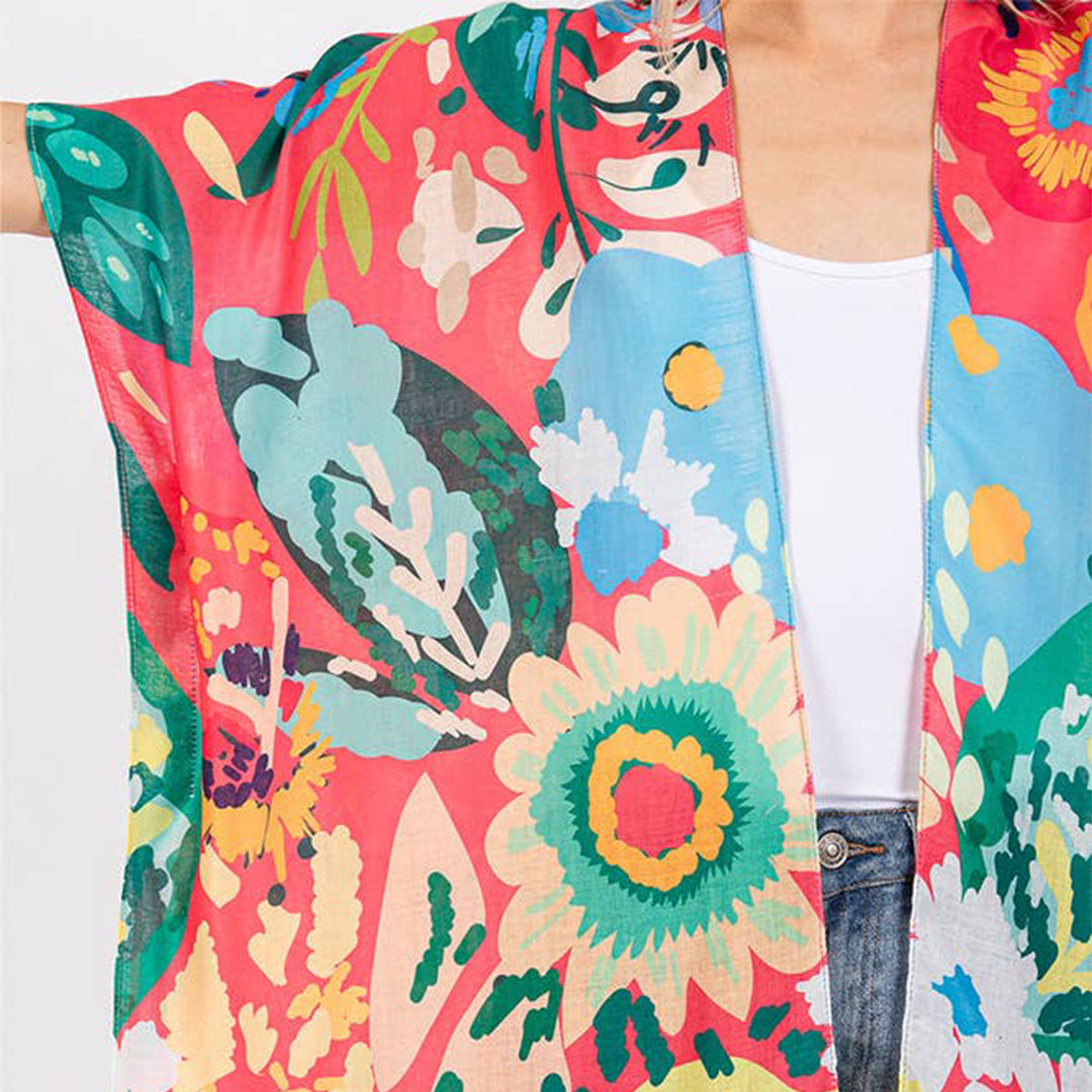 Summer Kimono Coral Multicolour Floral Flower Print - SKRF