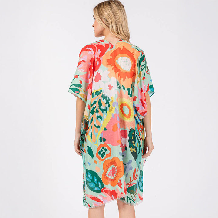 Summer Kimono Cover Up Mint Multicolour Floral Flower Print - SKRF