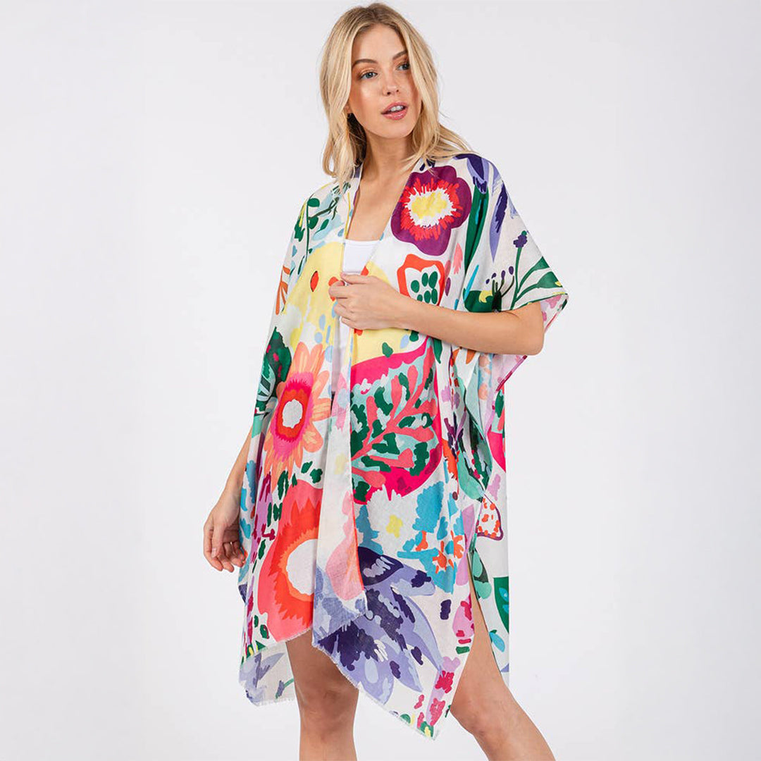 Summer Kimono Cover Up White Multicolour Floral Flower Print - SKRF