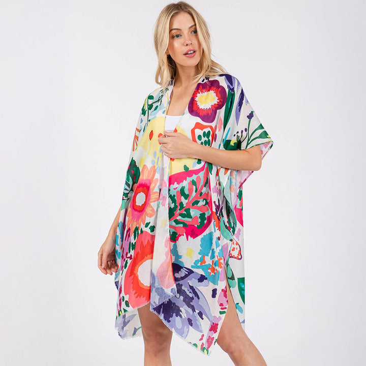 Summer Kimono Cover Up White Multicolour Floral Flower Print - SKRF
