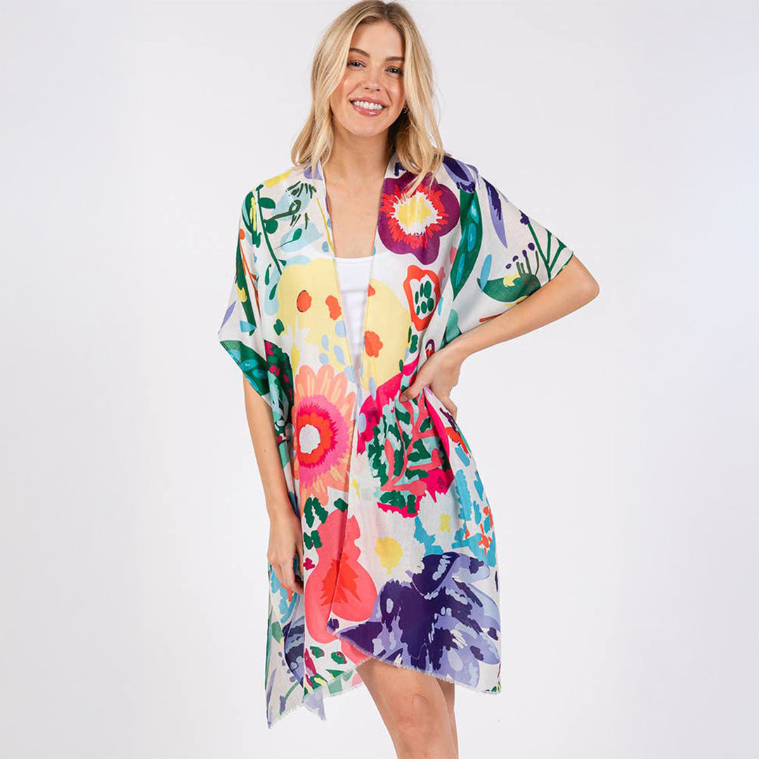 Summer Kimono Cover Up White Multicolour Floral Flower Print - SKRF
