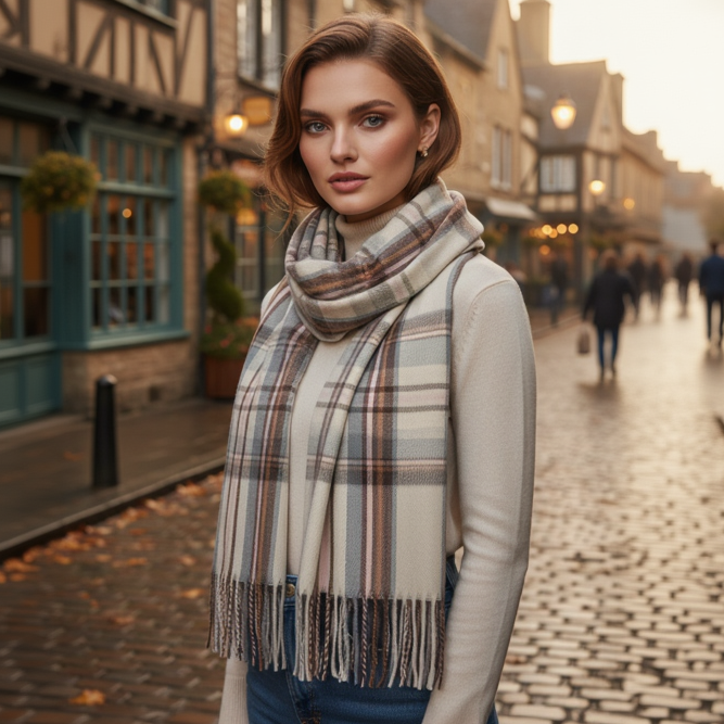 Tartan Winter Tassel Scarf Cream