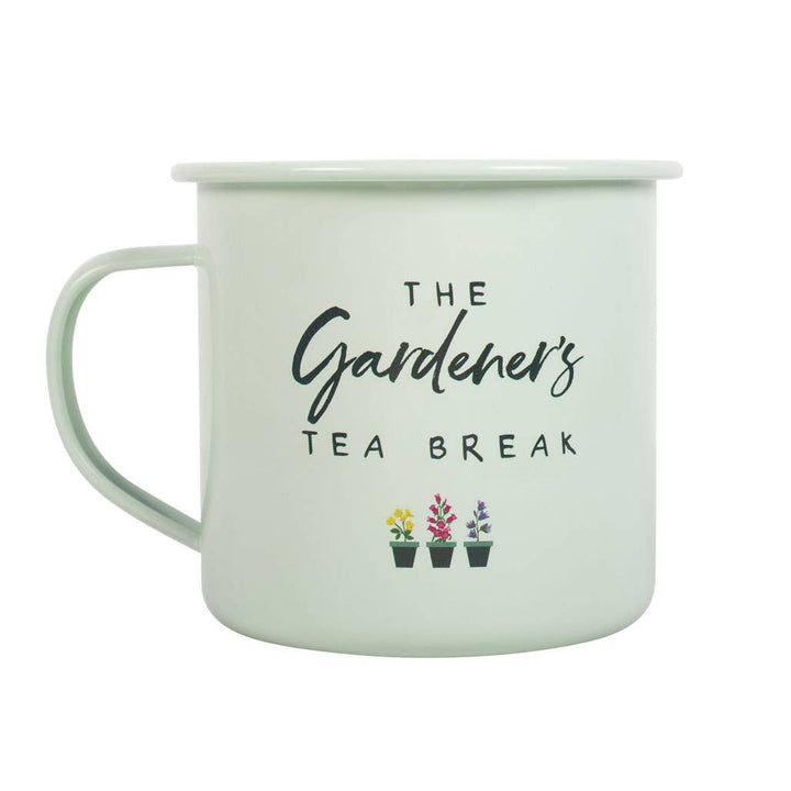 Mint green mug with 'The Gardener's Tea Break' text and plant illustrations on a white background