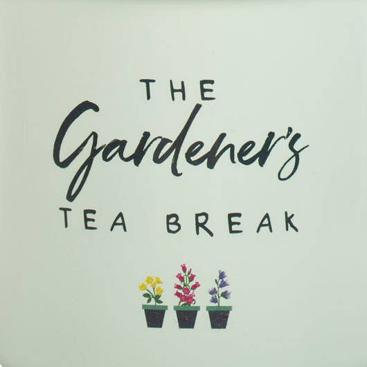 Logo for 'The Gardener's Tea Break' with potted plants on a light green background
