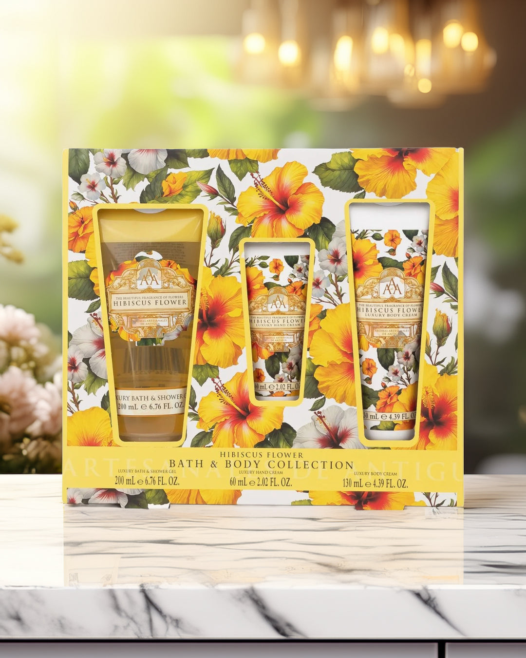 Bath and Body Collection with floral design on a marble surface