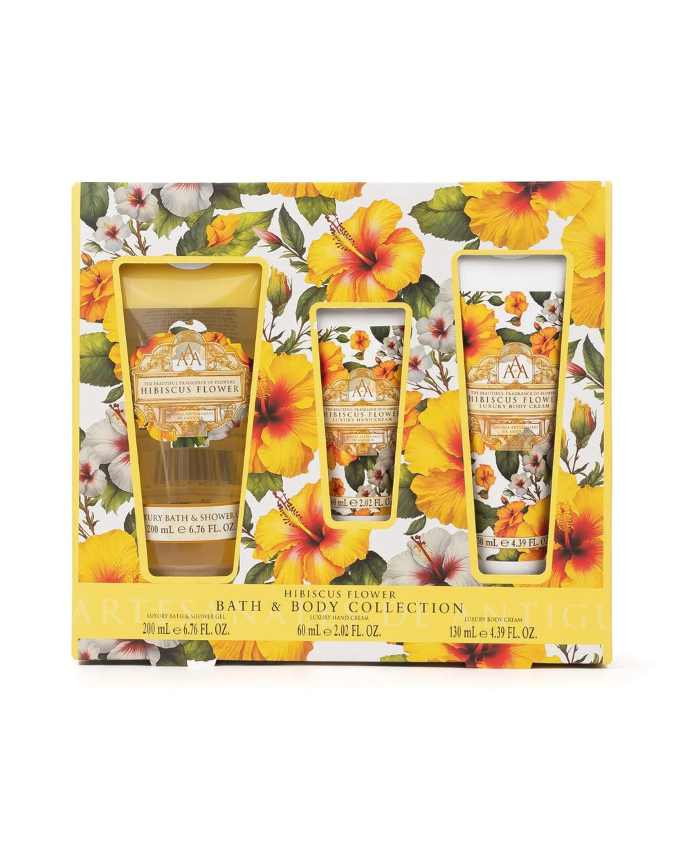Bath and body collection with tropical flower design on packaging