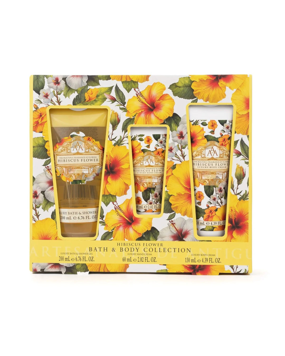 Bath and body collection with tropical flower design on packaging