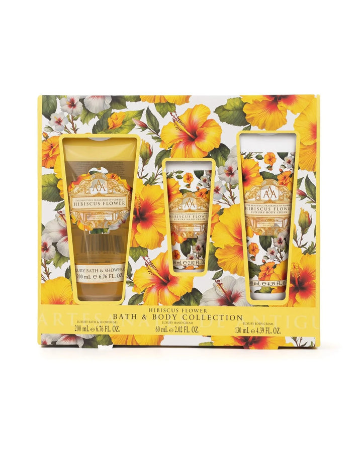 Bath and body collection with tropical flower design on packaging