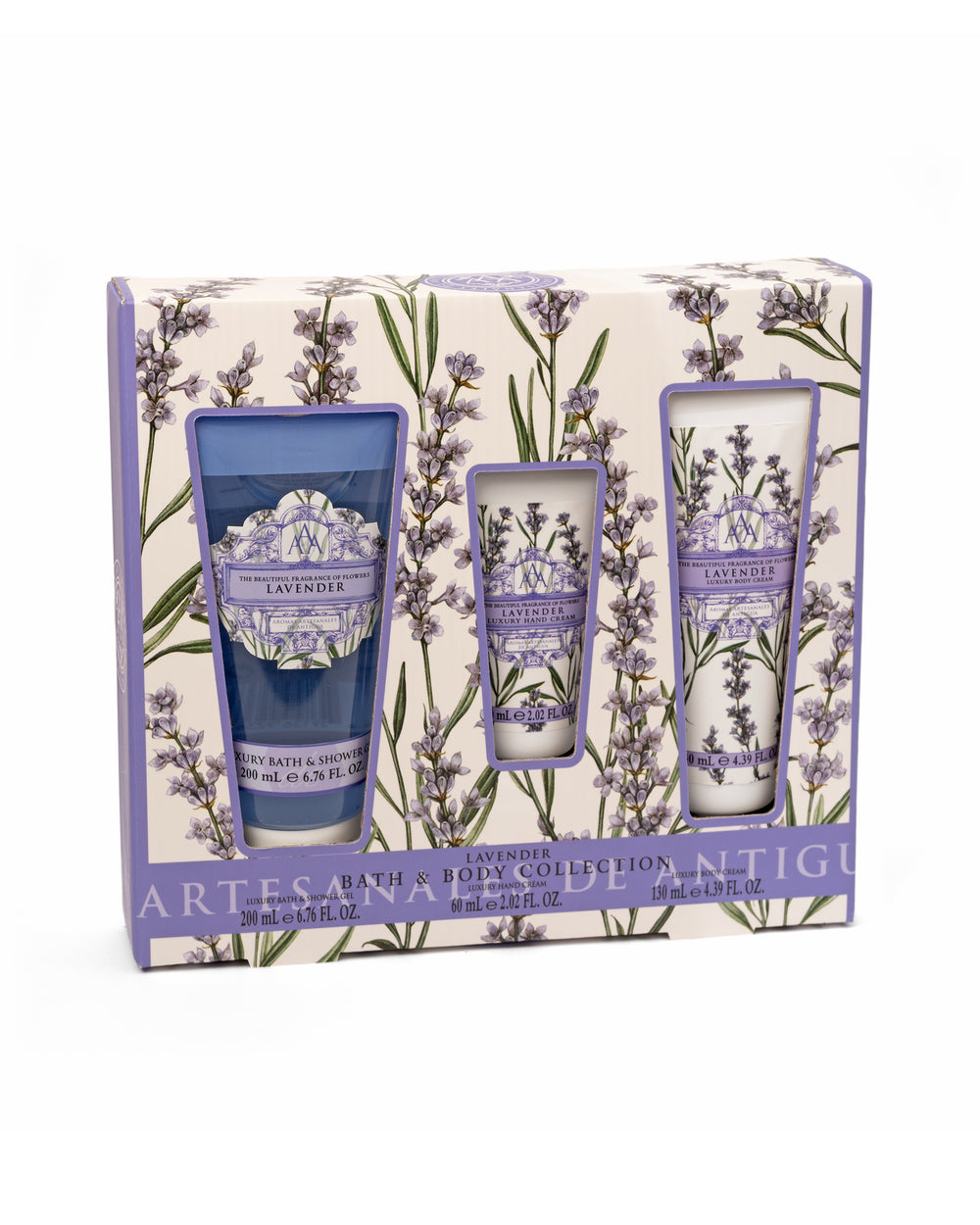 Lavender-themed gift set with products and packaging on a white background