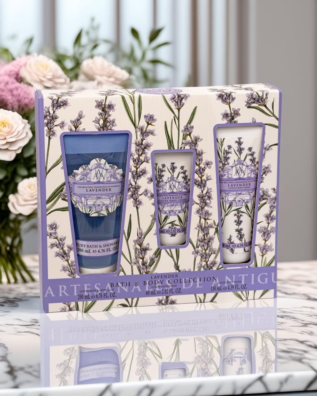 Lavender-themed body care set packaging with floral design