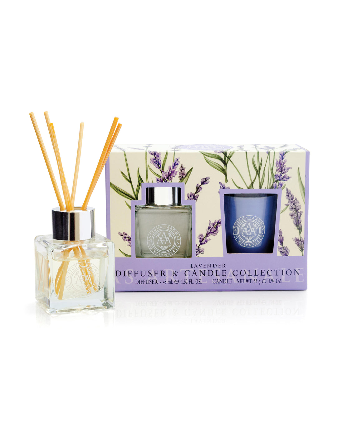 Lavender diffuser and candle collection with packaging on a white background