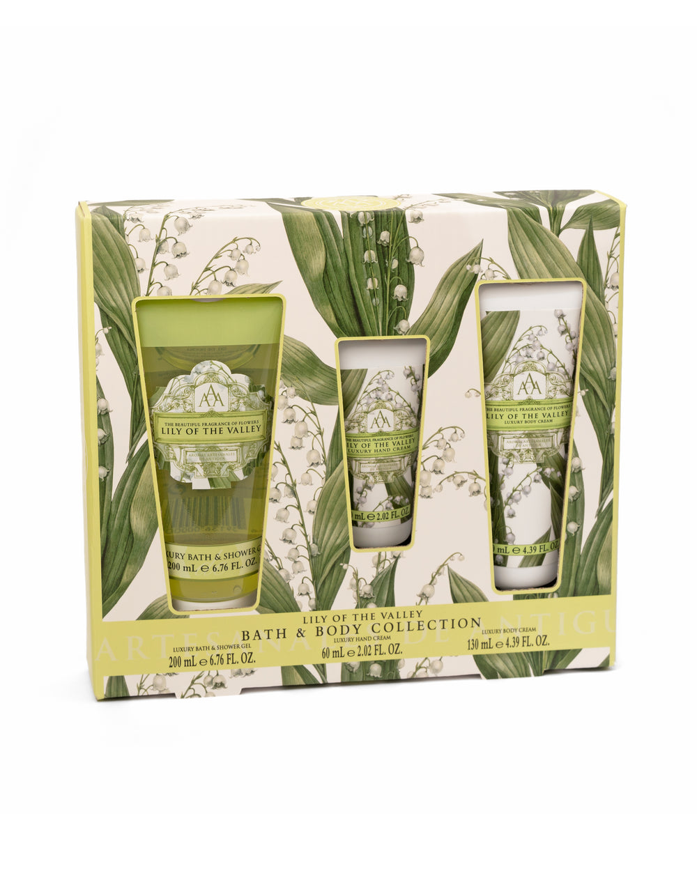 Bath and body set with green bottles and leaf design packaging on a white background
