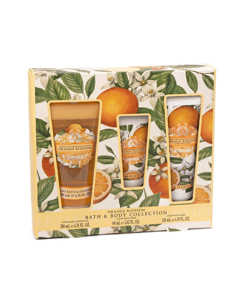 Orange Blossom bath and body collection with packaging featuring oranges and leaves.