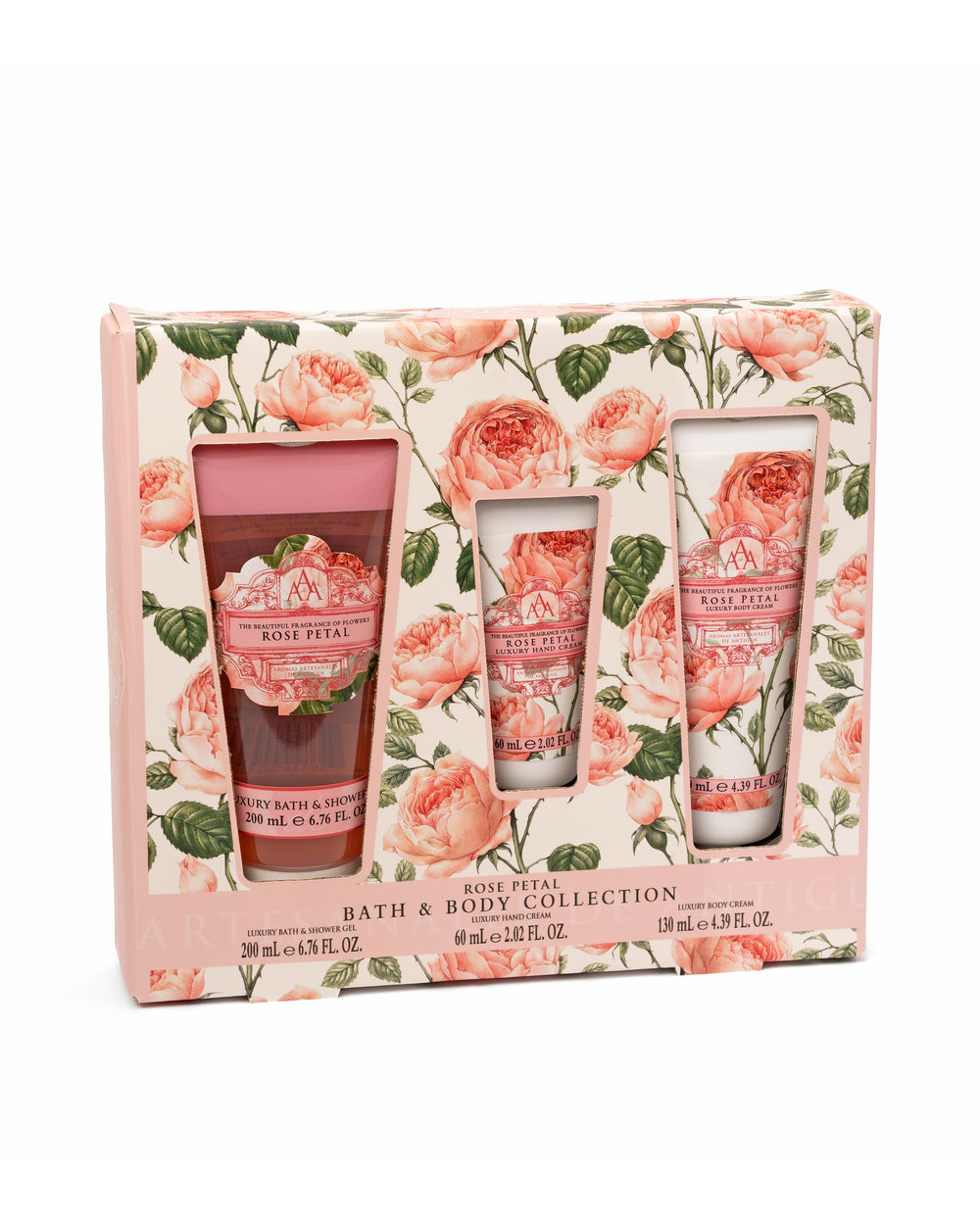 Rose Petal bath and body collection set with floral packaging