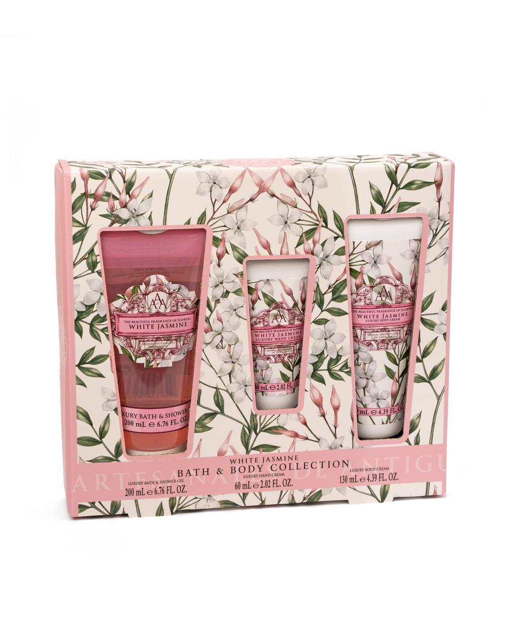 Bath and body collection set with floral design on packaging