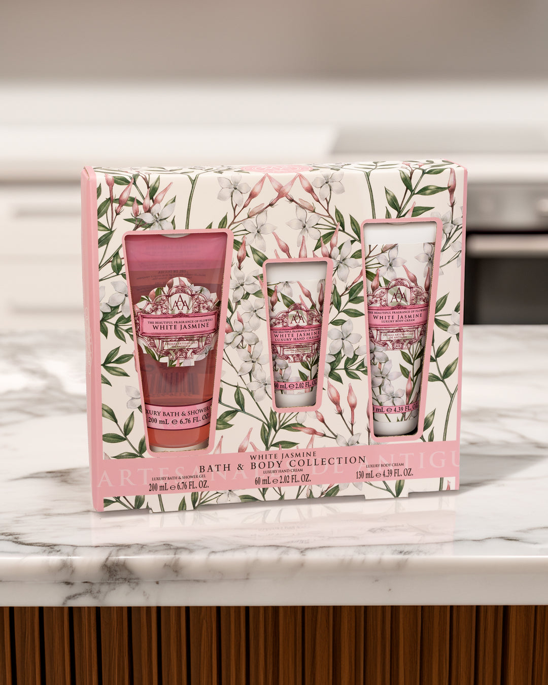 Bath and body collection set with floral design on packaging