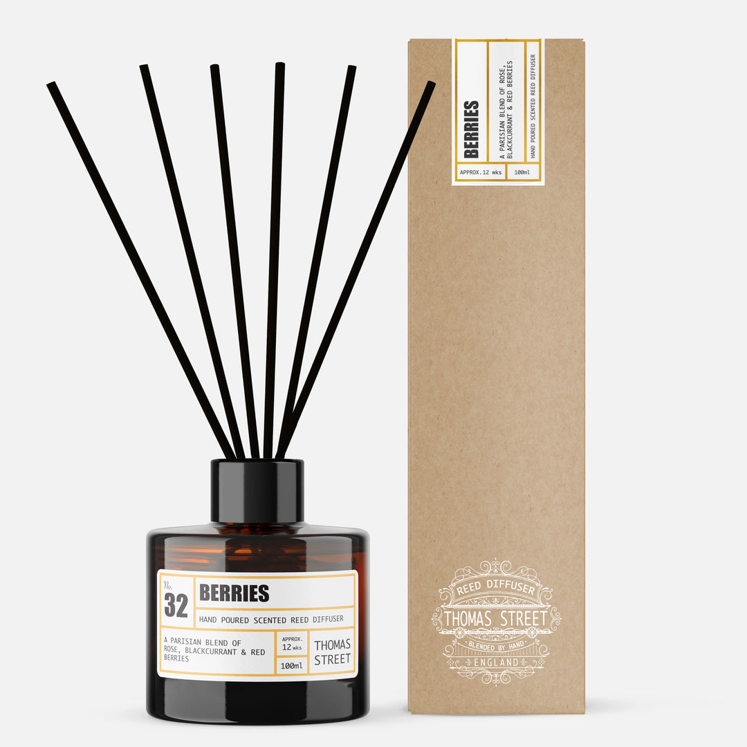 Reed diffuser with black sticks and a brown box labeled 'Berries' on a white background.
