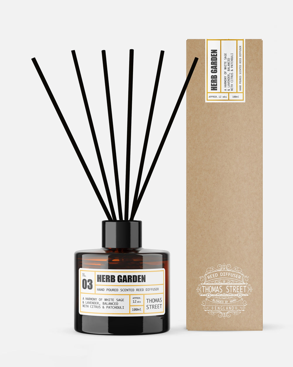 Diffuser bottle labeled 'Herb Garden' with black sticks and a matching box on a white background