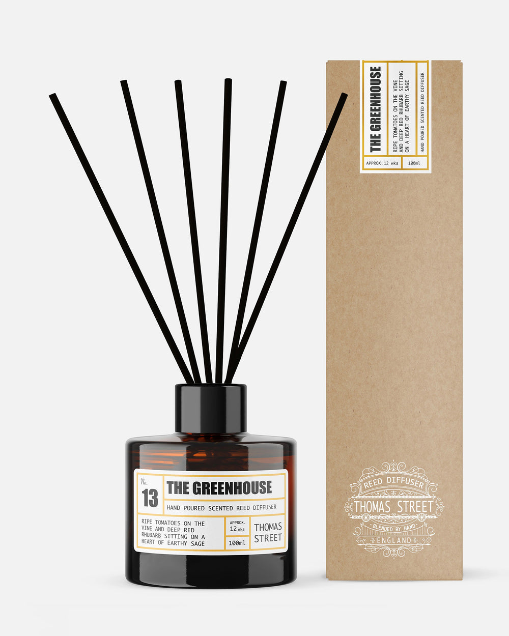 Diffuser with black reeds and a brown box labeled 'The Greenhouse' on a white background