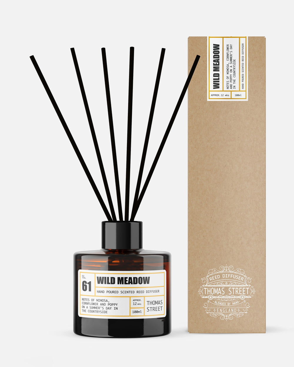 Reed diffuser labeled 'Wild Meadow' by Thomas Street with packaging on a white background