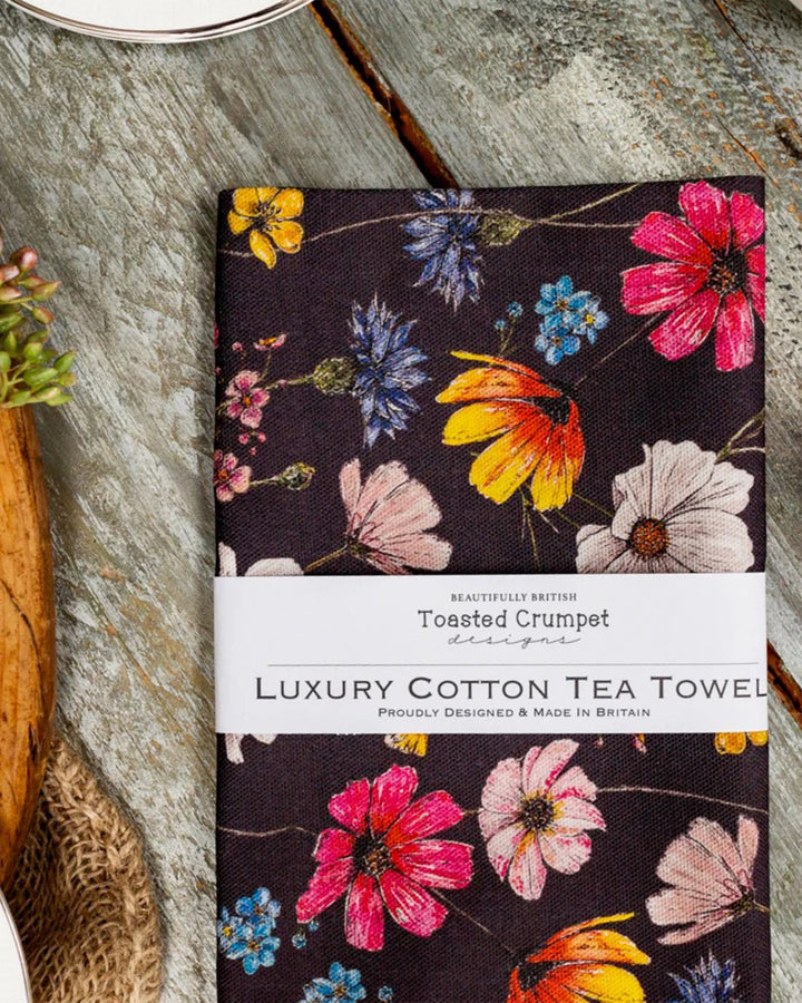 Toasted Crumpet Regency Gardens Print 100% Cotton Noir Tea Towel