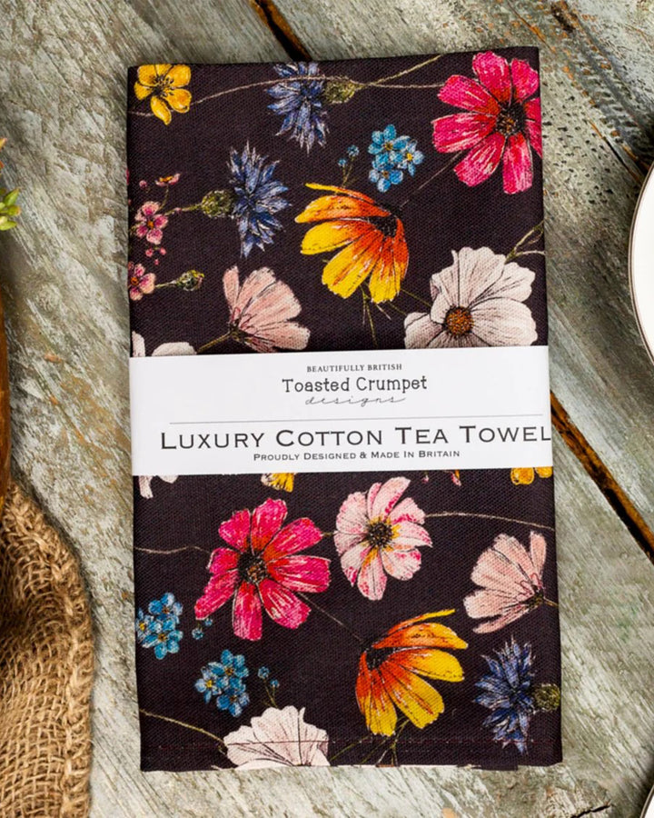 Toasted Crumpet Regency Gardens Print 100% Cotton Noir Tea Towel