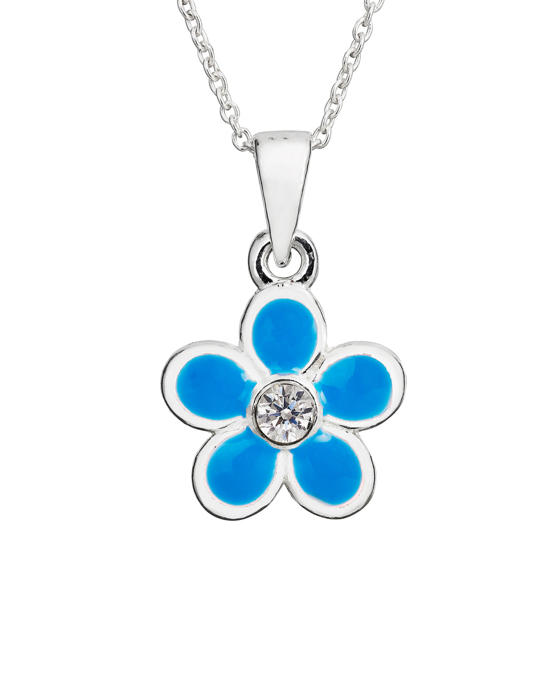 Blue flower-shaped pendant with a clear gemstone on a white background