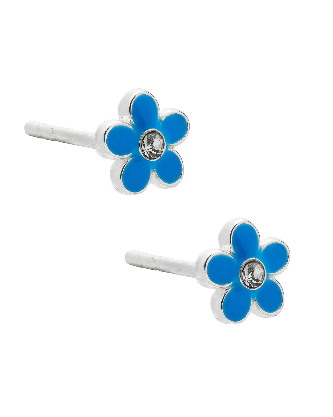 Pair of blue flower-shaped earrings with clear gemstones on a white background