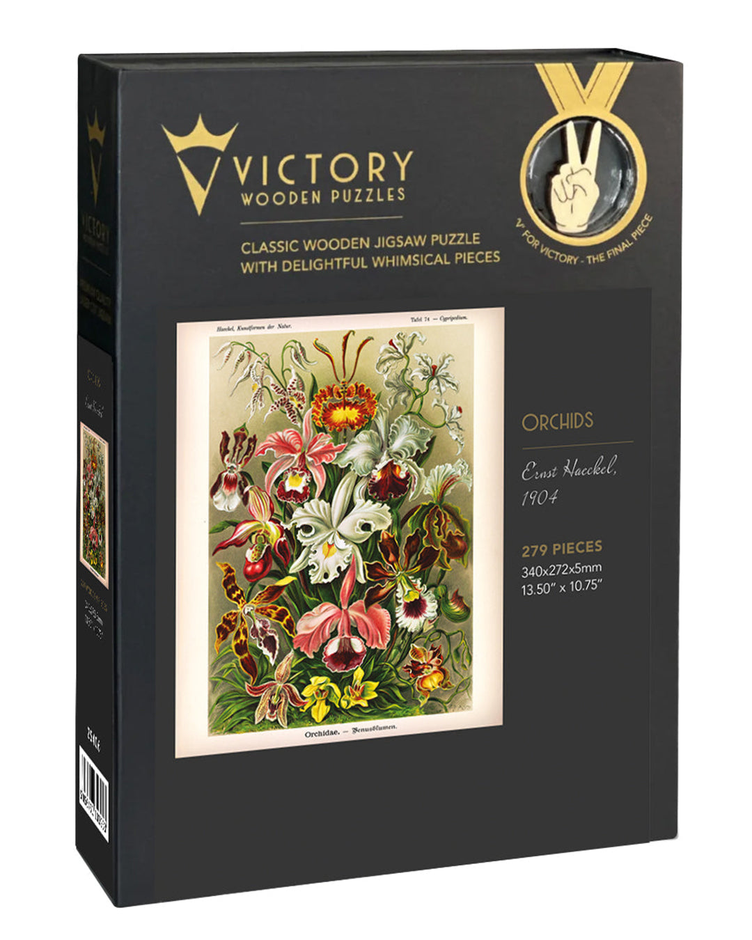 Box of Victory Wooden Puzzles with orchid illustration on a white background