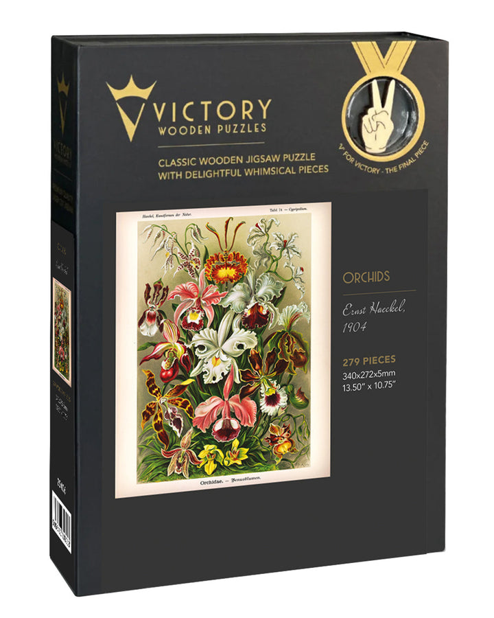 Box of Victory Wooden Puzzles with orchid illustration on a white background