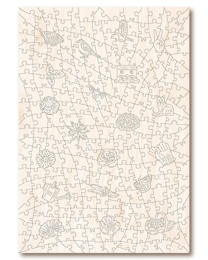 Unfinished puzzle with white pieces on a beige background