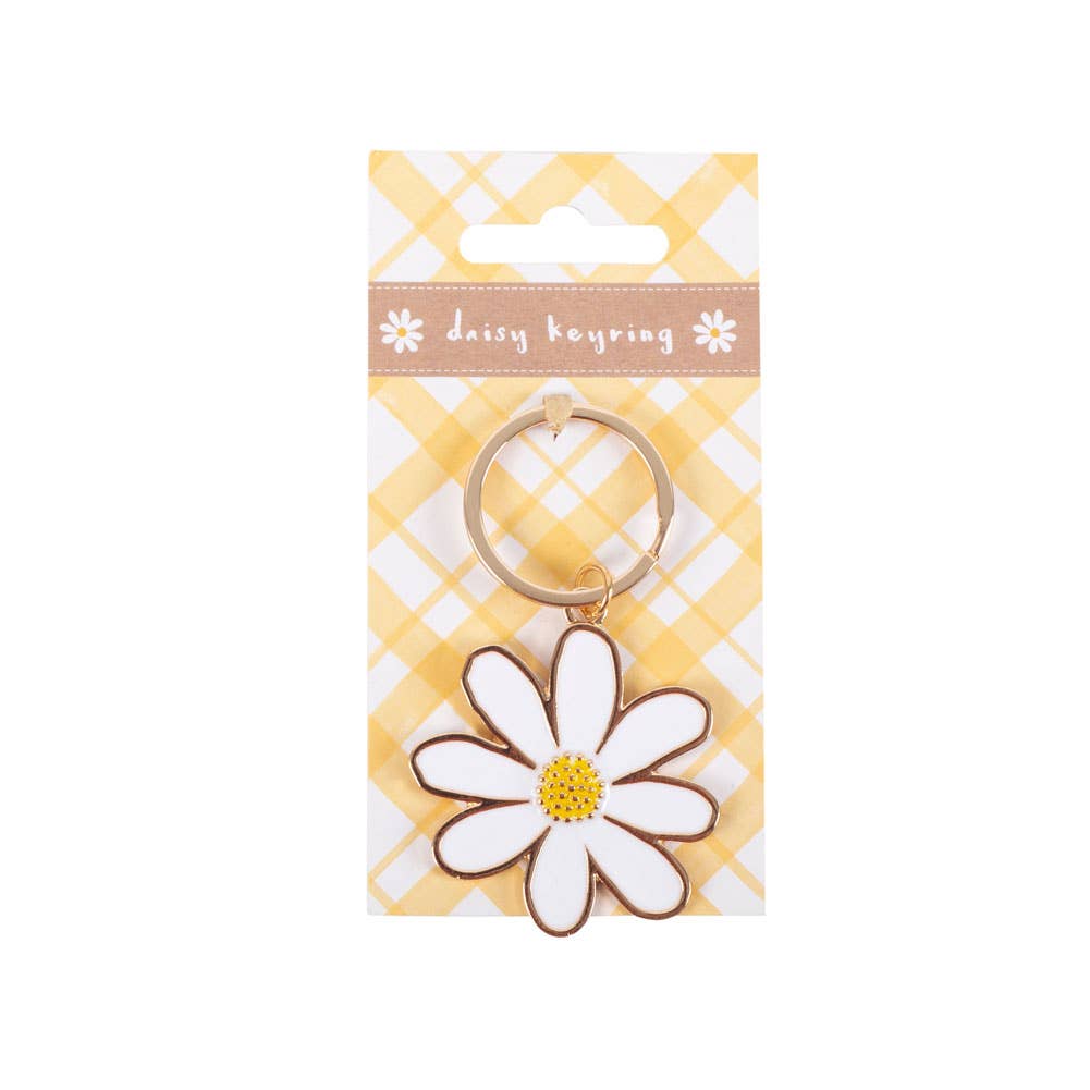 Daisy-shaped keyring on a yellow and white checkered background with 'daisy keyring' text.