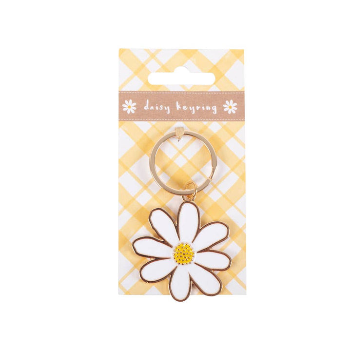 Daisy-shaped keyring on a yellow and white checkered background with 'daisy keyring' text.