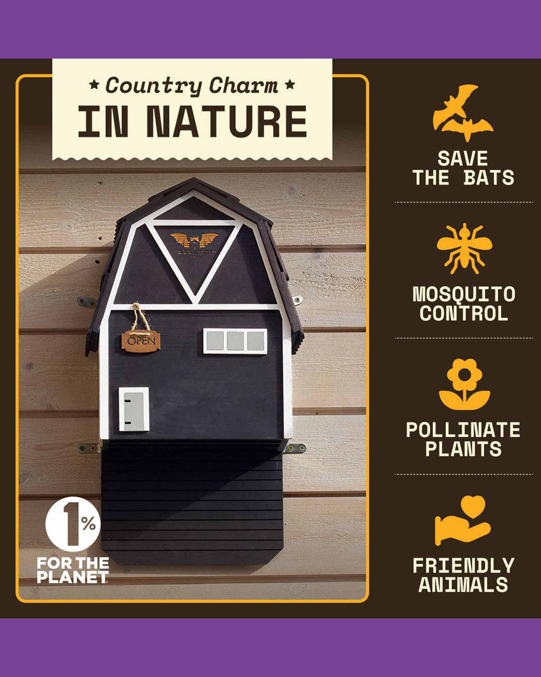 Barn-style bat house with features listed on a wooden background