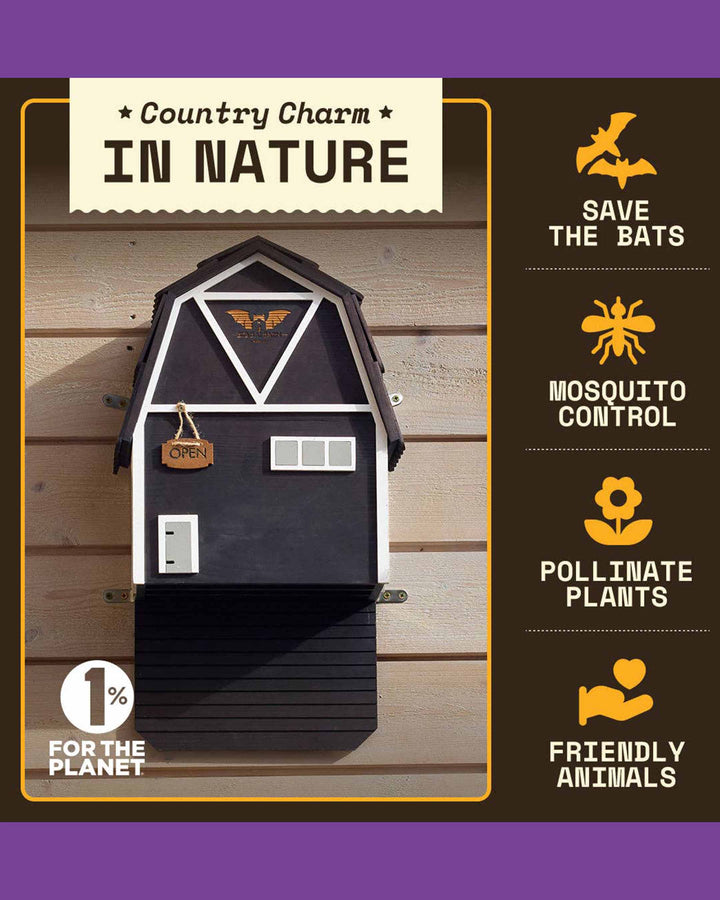 Barn-style bat house with features listed on a wooden background