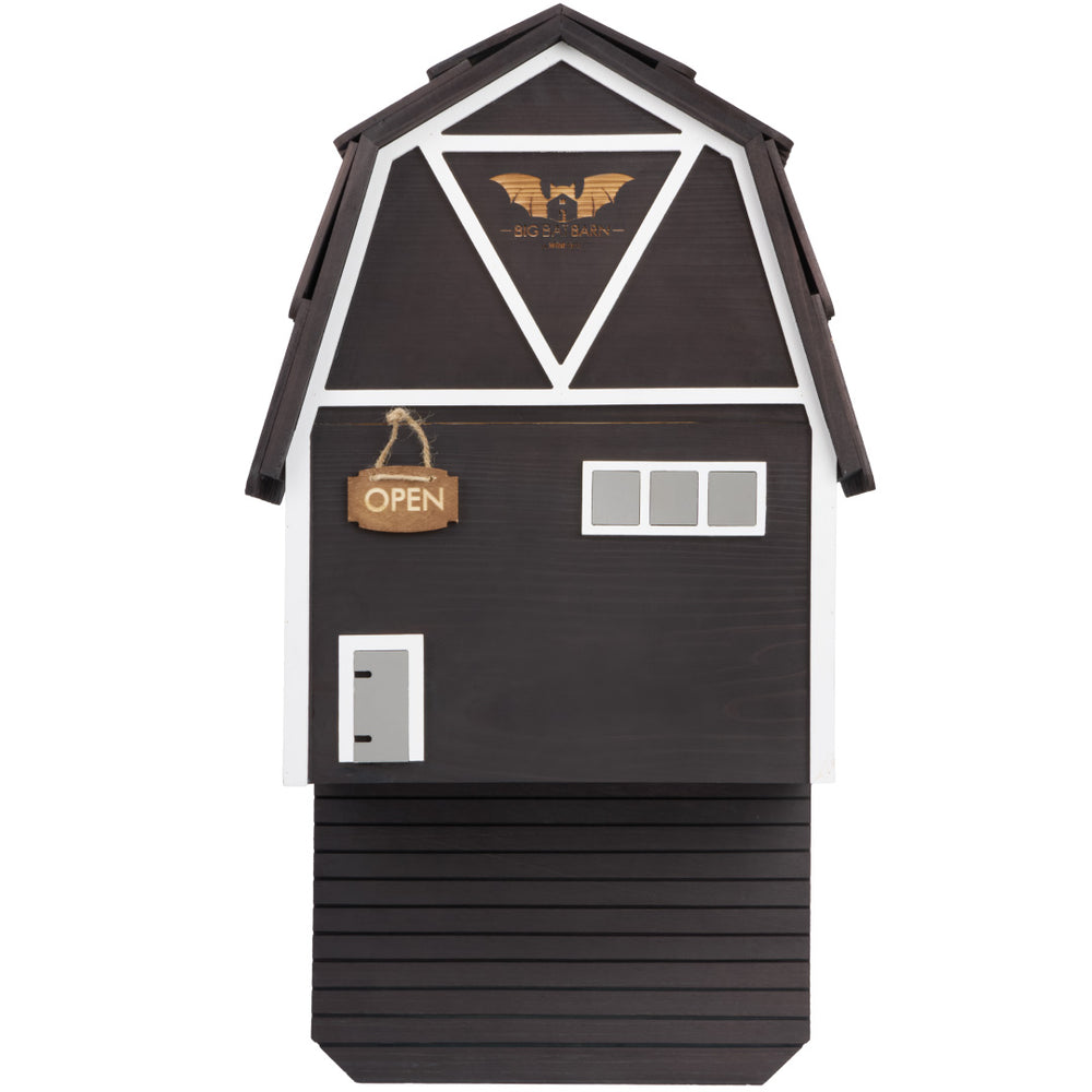 Black bat box with a brown 'Open' sign on a white background