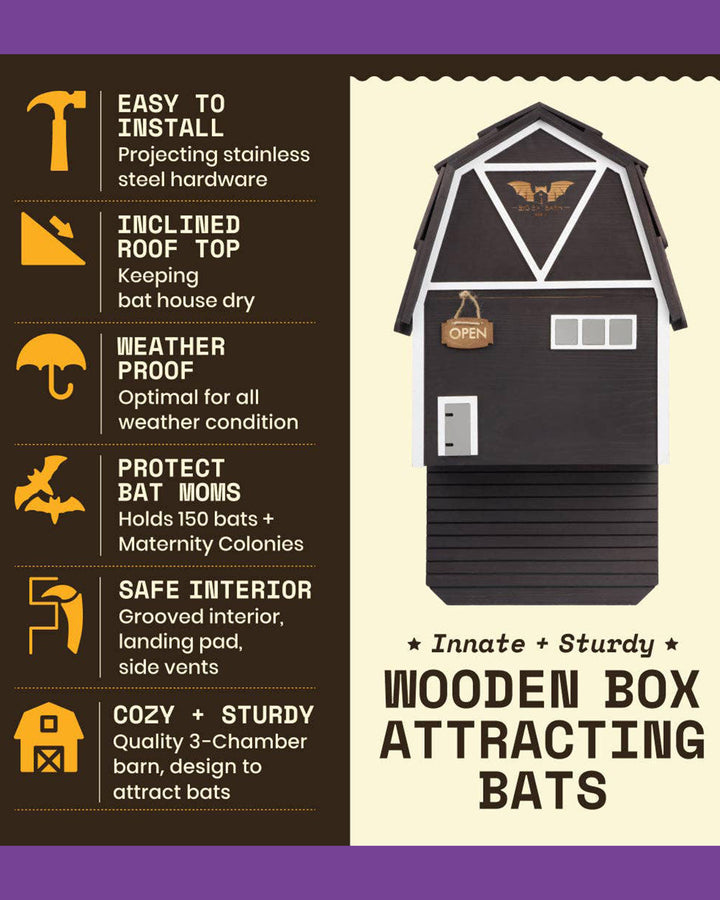 Bat house with features listed on a beige background