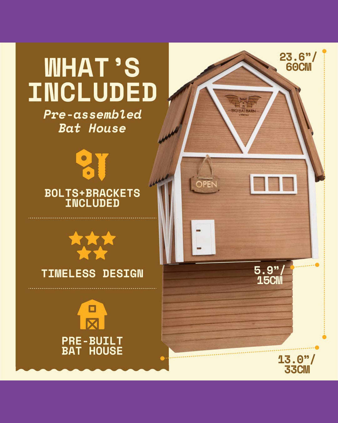 Pre-assembled bat house with dimensions and included components on a purple and beige background