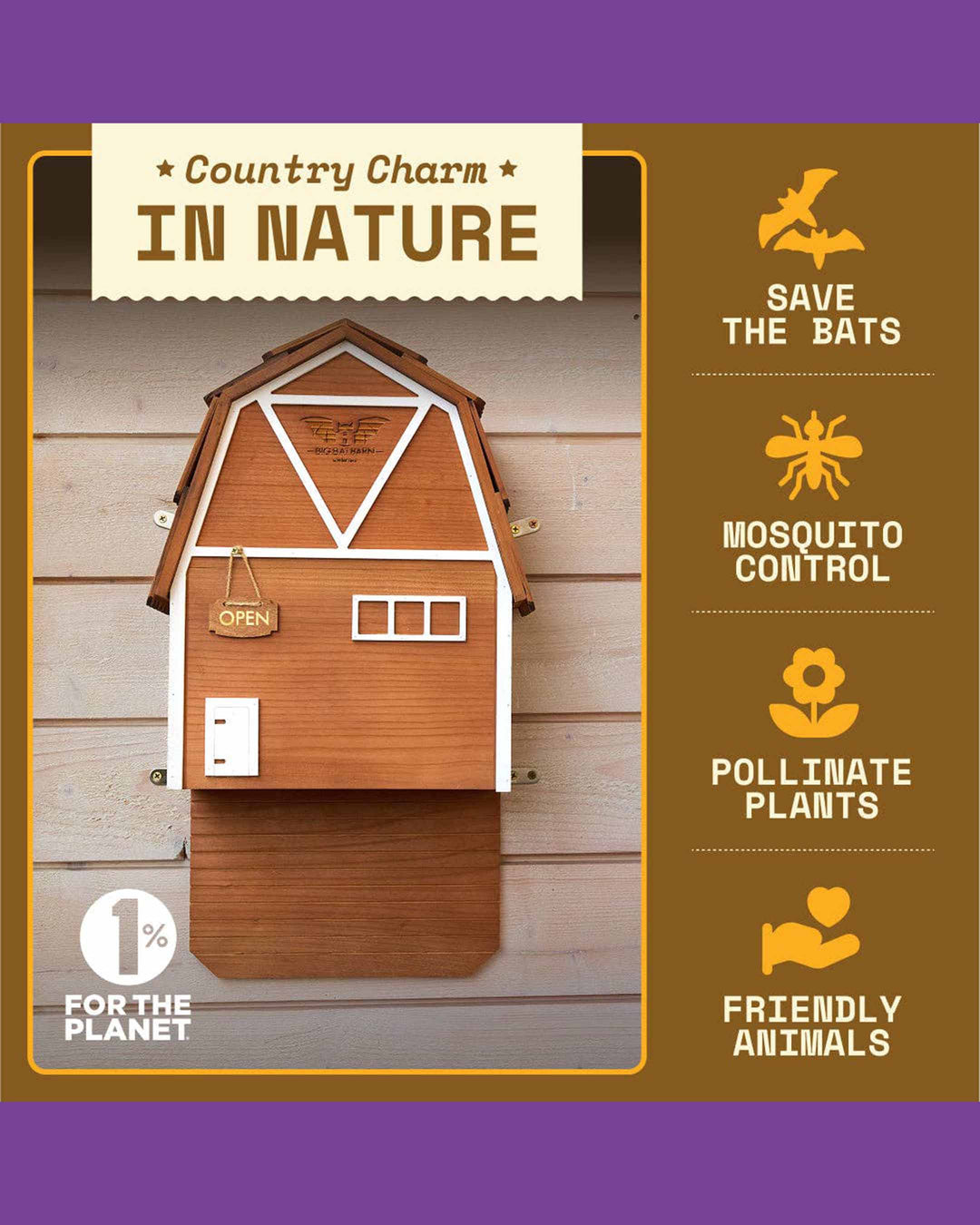 Wooden birdhouse with nature-themed text and icons on a wooden background