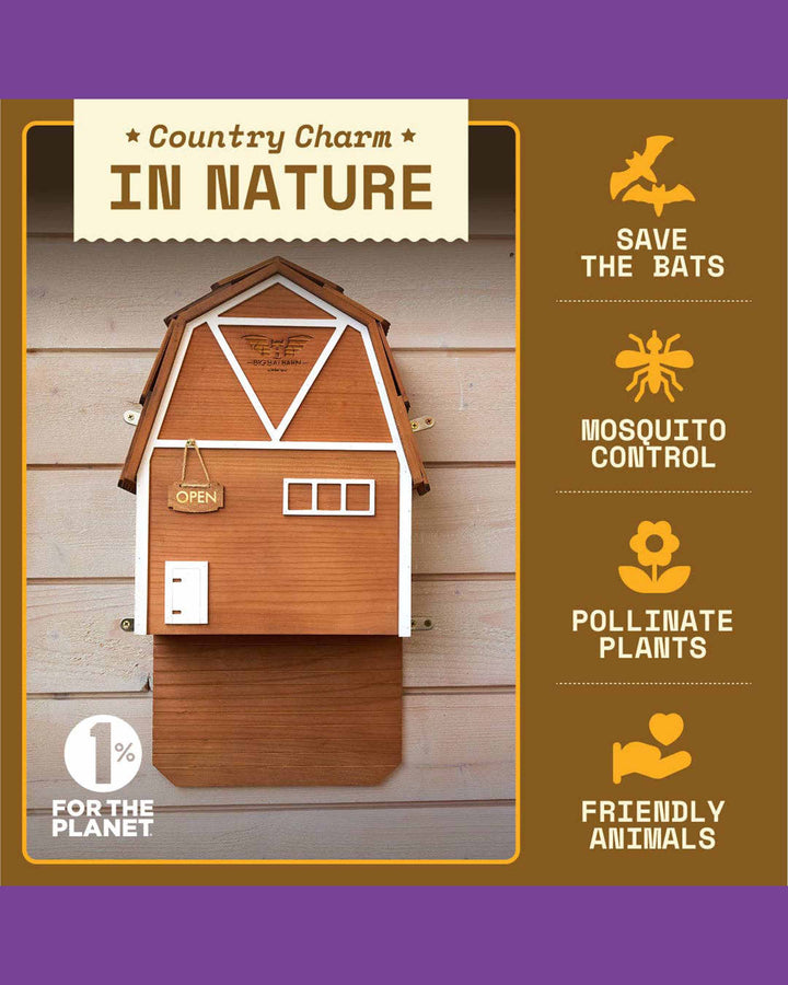Wooden birdhouse with nature-themed text and icons on a wooden background